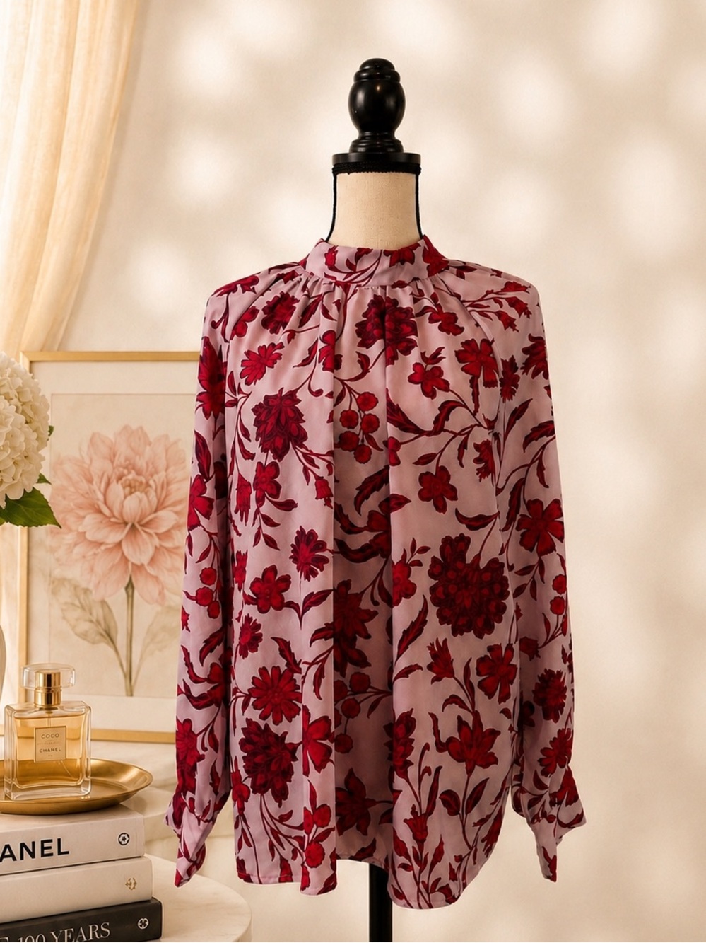 Ann Taylor • Floral Mock Neck Shirred Front Blouse • Size XXL